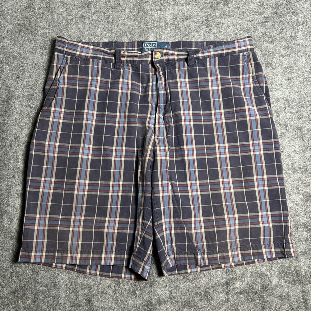 Polo Ralph Lauren Prospect Plaid Shorts Navy Blue Red Vintage 90s Skater Size 36 - Picture 2 of 8
